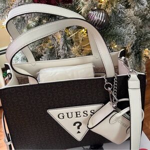 GUESS Monogram Black and Cream Tote Bag